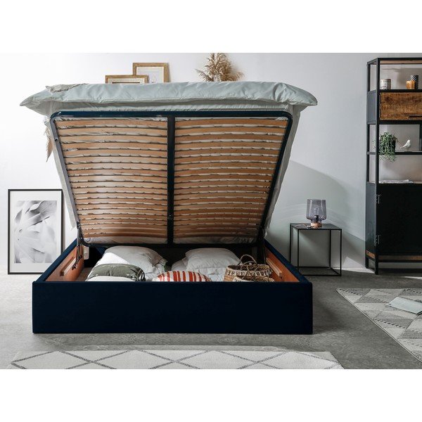 Tamnoplavi tapecirani bračni krevet s prostorom za pohranu s podnicom 160x200 cm Palmyre - Bobochic Paris-image-3