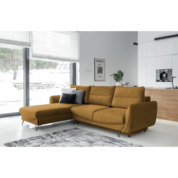 Žuta  baršunasti sklopiva/s prostorom za odlaganje kutna garnitura (s lijevim kutom/s ležaljkom) Silva – ELTAP-image-1