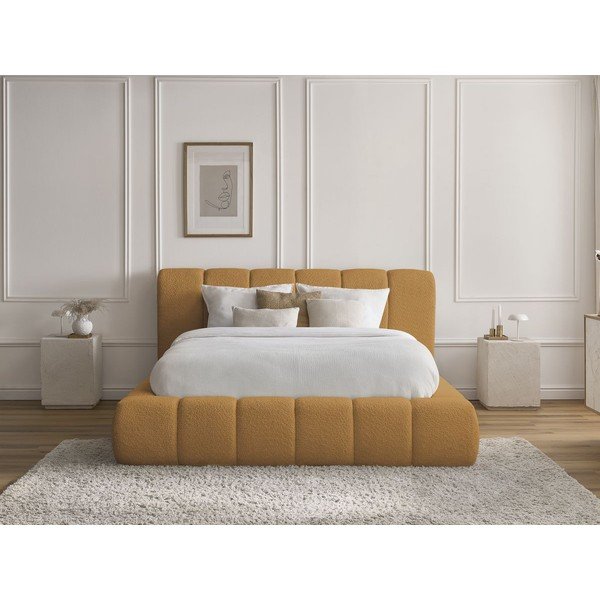 Senf žuti tapecirani bračni krevet s prostorom za odlaganje s podnicom 160x200 cm Denali – Bobochic Paris-image-1