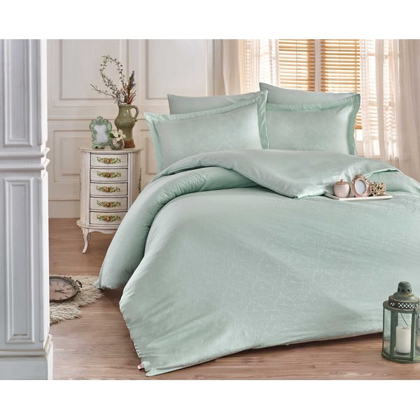 Svijetlozelena pamučna satenska posteljina za bračni krevet s plahtom i prekrivačem 240x260 cm Damast - Mijolnir