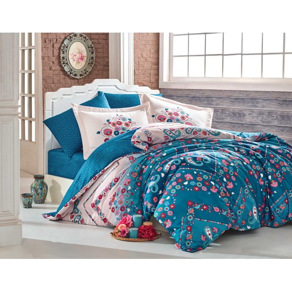 Plava posteljina sa bračnim krevetom od pamučnog satena Sancha, 200 x 220 cm