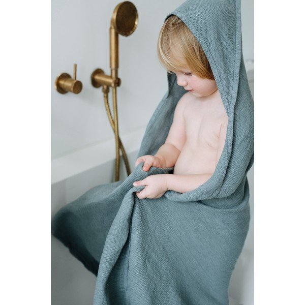 Dječji plavi laneni ručnik s kapuljačom Linen Tales Waffle 100 x 100 cm-image-3