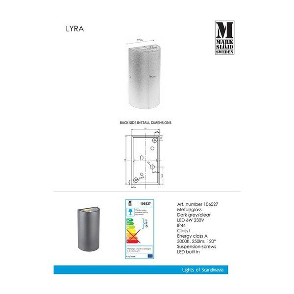 Tamno siva zidna lampa Markslöjd Lyra-image-1