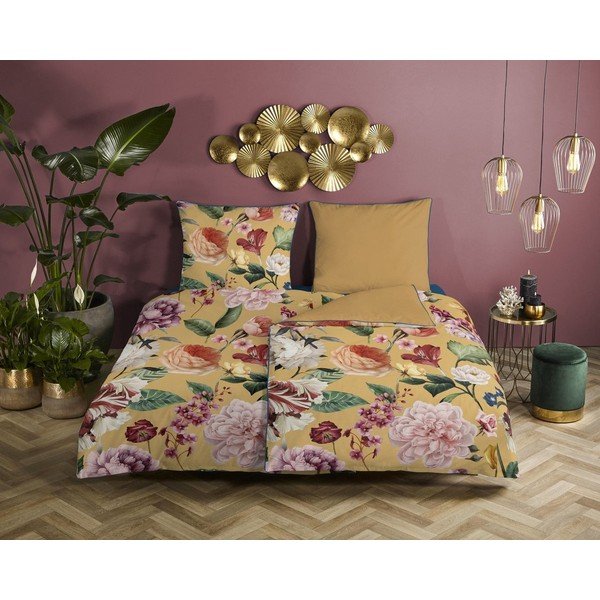 Žuta posteljina od organskog pamuka Descanso Flowery, 140 x 200 cm-image-1