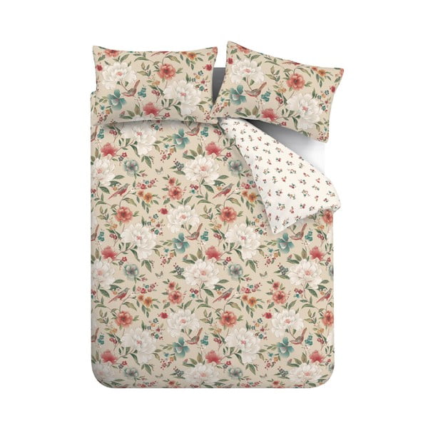 Bež posteljina za bračni krevet 200x200 cm Pippa Floral Birds – Catherine Lansfield