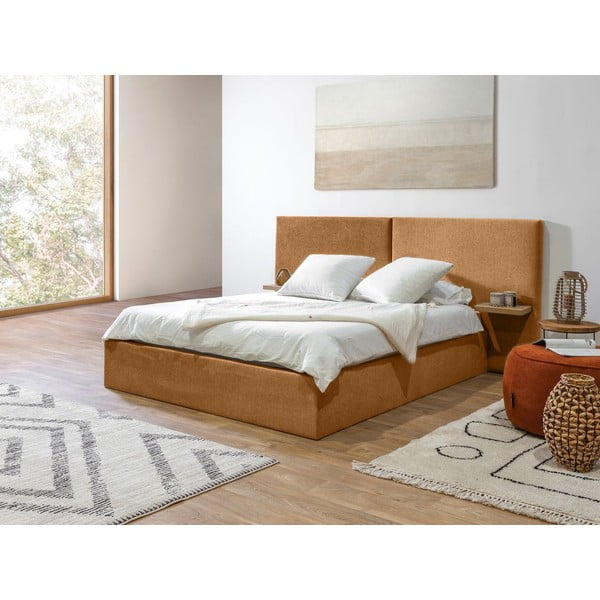 Oker žuti tapecirani bračni krevet s prostorom za odlaganje s podnicom 160x200 cm Blandine – Bobochic Paris-image-2