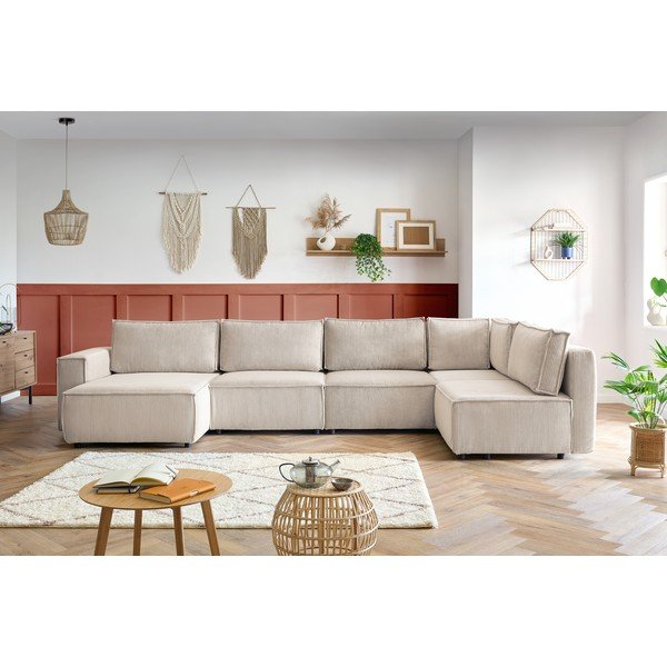 Krem kutna garnitura od samta (s desnim kutom/u obliku slova "U") Nihad modular – Bobochic Paris-image-1