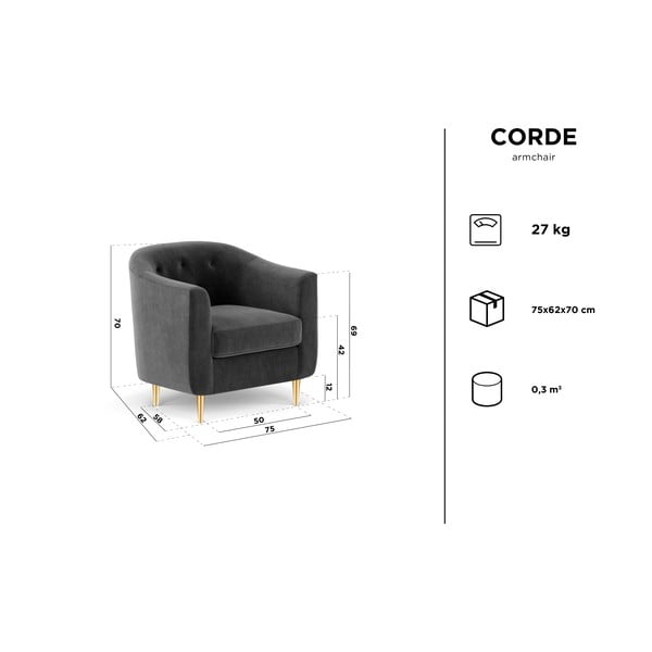 Tamno siva baršunasta fotelja Kooko Home Corde-image-4