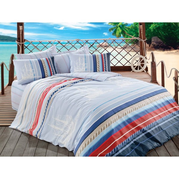 Plava pamučna posteljina s posteljinom za bračni krevet Orsa Blue, 200 x 220 cm