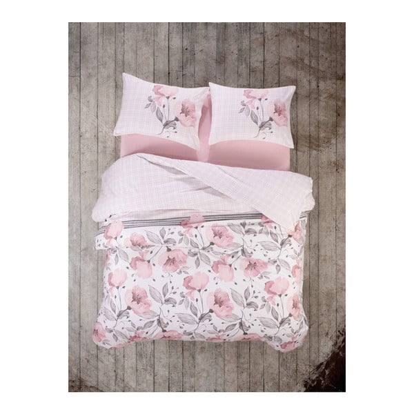 Posteljina s plahtom od ranforce pamuka za bračni krevet Juana Pink, 200 x 220 cm