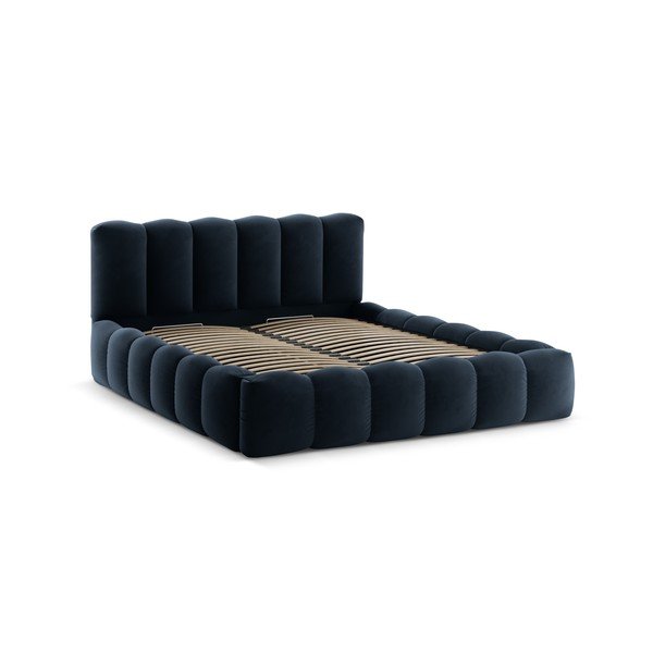 Tamno plavi tapecirani bračni krevet s prostorom za odlaganje s podnicom 160x200 cm Lupine – Micadoni -image-3