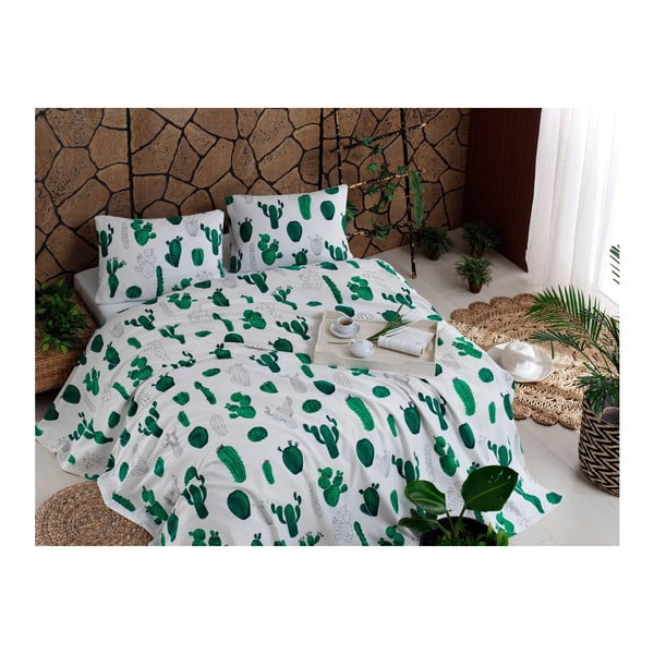 Set od pamučnog pokrivača, plahte i 2 jastučnice Kaktus Green, 200 x 235 cm