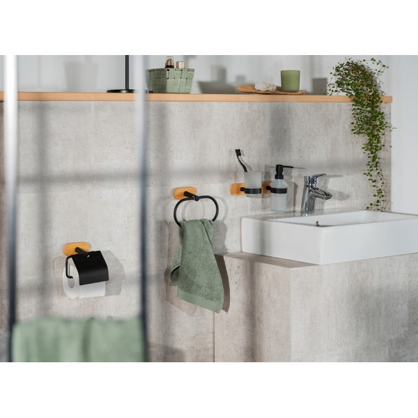 Crna/u prirodnoj boji staklena samoljepljiva čaša za četkice za zube Orea Bamboo – Wenko-image-2