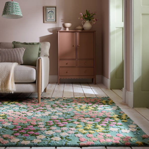 Mentol zeleni ručno rađen vunen tepih 120x170 cm Emilia Floral – Flair Rugs-image-1