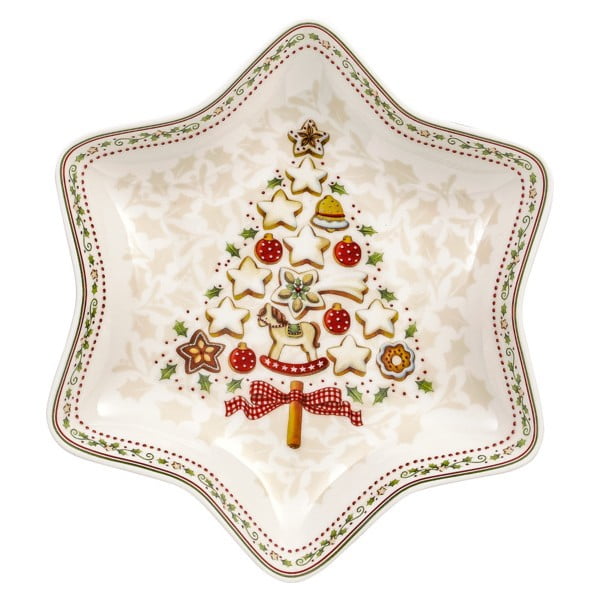 Crveno-bijela porculanska zdjela za posluživanje s božićnim motivom u obliku zvijezde Villeroy & Boch Gingerbread Village, 24,5 x 24,5 cm