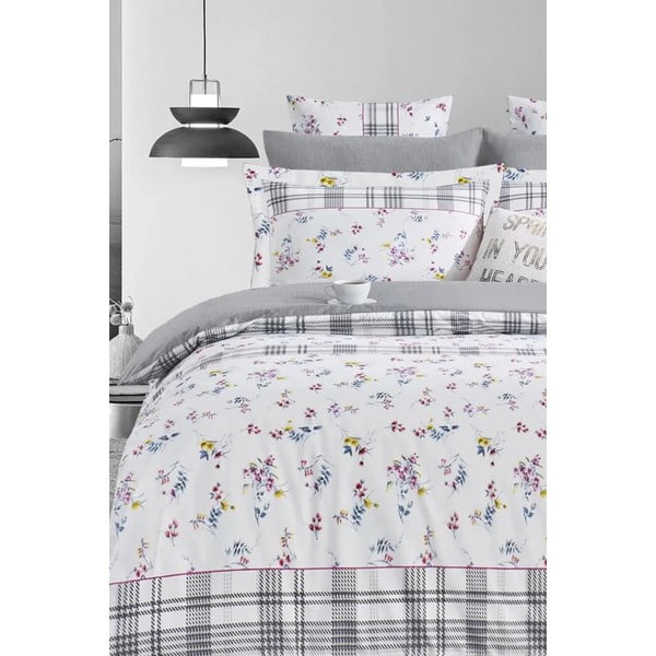 Bijela/siva posteljina za bračni krevet/za produženi krevet od renforce pamuka s uključenom plahtom/4-dijelna 200x220 cm – Mila Home-image-1