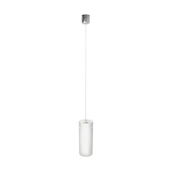 Bijela i srebrna viseća svjetiljka s bijelim kabelima i srebrnim Sotto Luce Paipu grlom