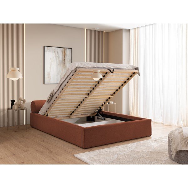 Tapecirani bračni krevet s prostorom za odlaganje s podnicom 180x200 cm boje terakote Cille – Ropez-image-4