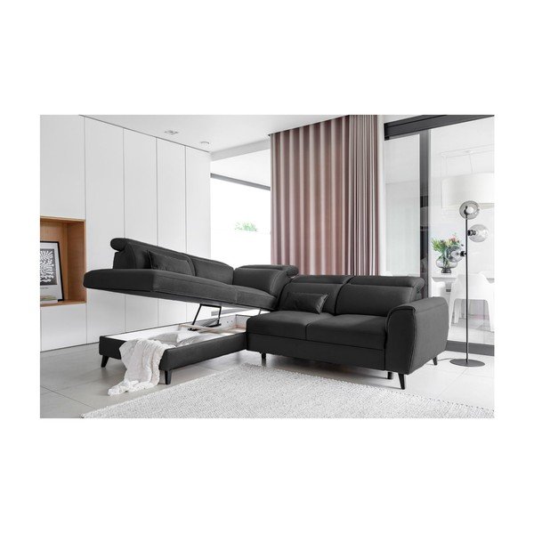 Tamno siva baršunasti sklopiva/s prostorom za odlaganje kutna garnitura (s lijevim kutom/u obliku slova L) Noble – ELTAP-image-3