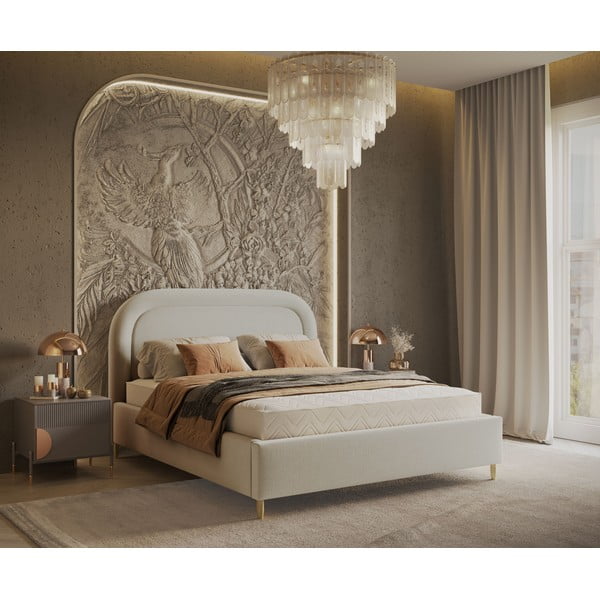 Krem tapecirani bračni krevet s prostorom za pohranu s podnicom 180x200 cm Mija – Maison de Rêve-image-1