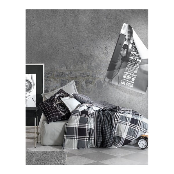 Crno-bijela pamučna posteljina s plahtama za krevet za jednu osobu Kvadrat, 140 x 200 cm