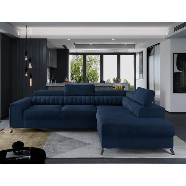 Plava baršunasti sklopiva/s prostorom za odlaganje kutna garnitura (s desnim kutom/u obliku slova L) Laurence – ELTAP-image-1