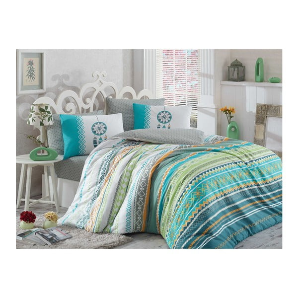 Zelena pamučna posteljina s plahtama za bračni krevet Eva, 200 x 220 cm