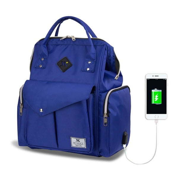 Plavi ruksak za majke s USB priključkom My Valice HAPPY MOM Baby Care ruksak