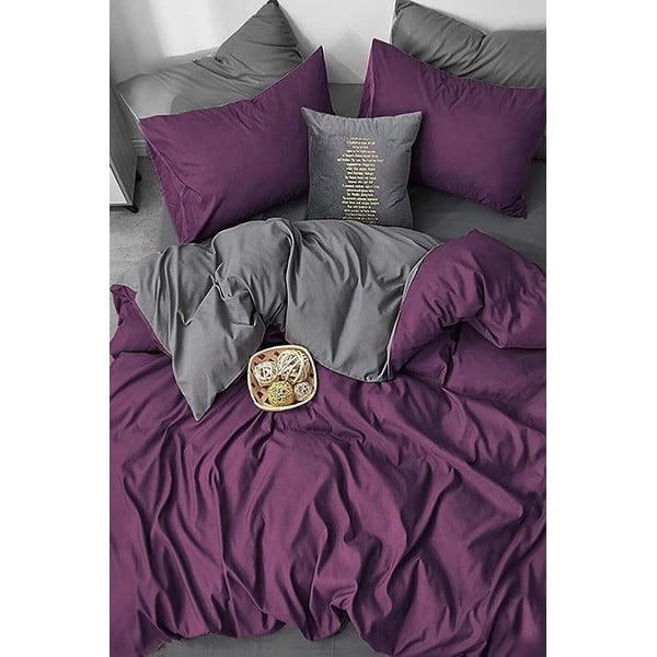 Tamnoljubičasto-siva pamučna posteljina za bračni krevet/s produženom plahtom  200x220 cm - Mila Home