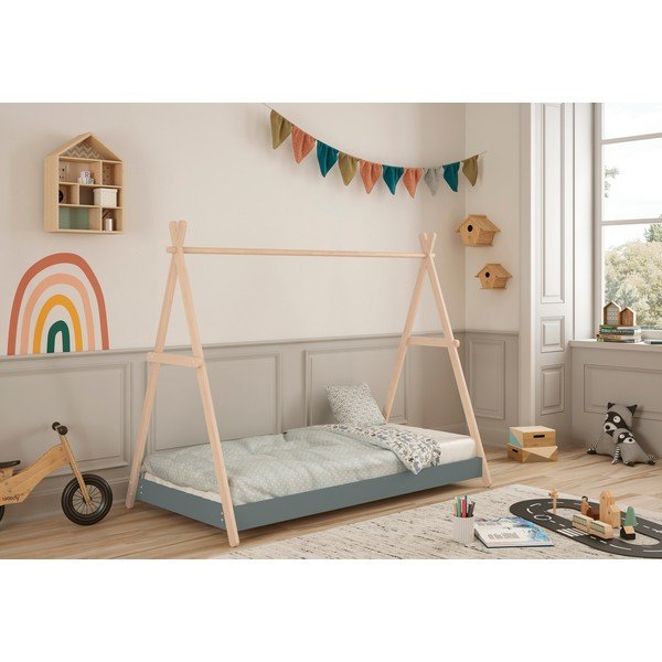 Dječji krevet od masivnog bora u obliku kućice s podnicom 90x200 cm u prirodnoj boji/prljavo zeleni Trufa – Marckeric-image-1