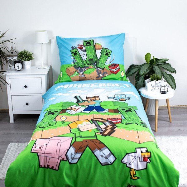 Zelena/plava pamučna dječja posteljina za krevet za jednu osobu 140x200 cm Minecraft "Outdoor Mobs" – Jerry Fabrics-image-1