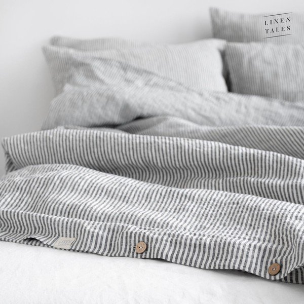 Bijela/crna lanena navlaka za poplun za krevet za jednu osobu/za produženi krevet 140x220 cm Thin Black Stripes – Linen Tales-image-4