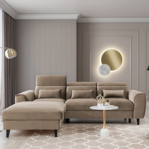 Svjetlo smeđa baršunasti sklopiva/s prostorom za odlaganje kutna garnitura (s lijevim kutom/s ležaljkom) Foble – ELTAP-image-1