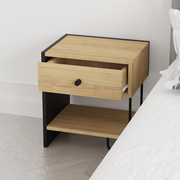 Crni/u prirodnoj boji noćni ormarić u dekoru hrasta s policama Saturne – Marckeric-image-2