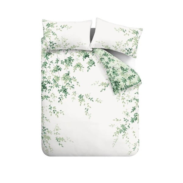 Bijela/zelena pamučna posteljina za bračni krevet/za produženi krevet 230x220 cm Scenic Leaves – RHS