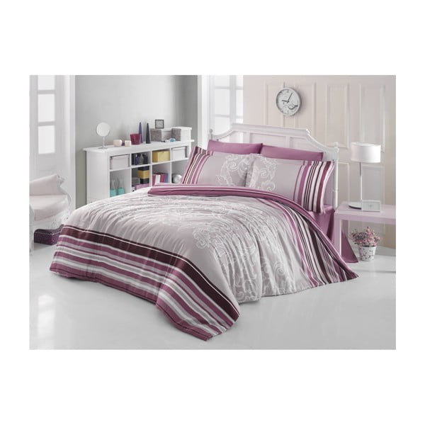 Ljubičasta pamučna posteljina s plahtama za bračni krevet Eve, 140 x 200 cm