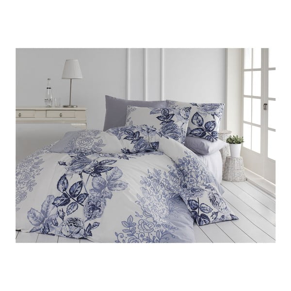 Plavo-bijela pamučna posteljina s posteljinom za bračni krevet Lamer, 200 x 220 cm