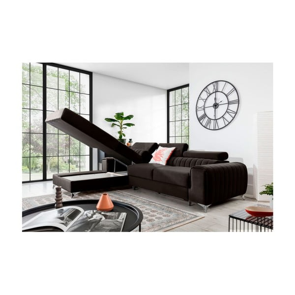 Tamno smeđa baršunasti sklopiva/s prostorom za odlaganje kutna garnitura (s lijevim kutom/s ležaljkom) Grayson – ELTAP-image-3