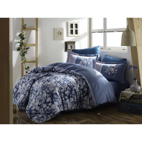 Plava posteljina od pamučnog satena za bračni krevet s plahtom i prekrivačem 240x260 cm Amalia - Mijolnir