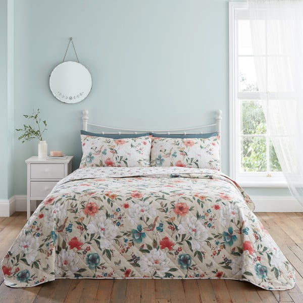 Bež prekrivač za bračni krevet 220x230 cm Pippa Floral Bird – Catherine Lansfield