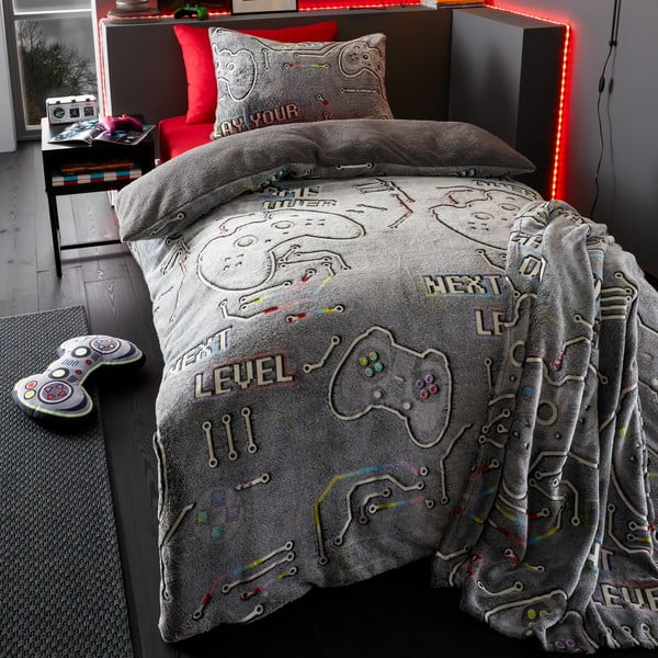 Siva dječja deka sa svjetlećim efektom od mikropliša 130x170 cm Game Over – Catherine Lansfield-image-1