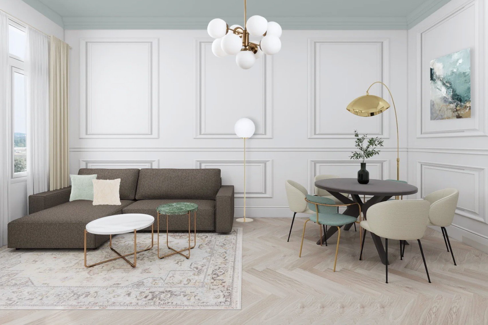 Dizajn životnog prostora funkcionira s visokim stropovima, simetrijom i suptilnim glamuroznim detaljima.