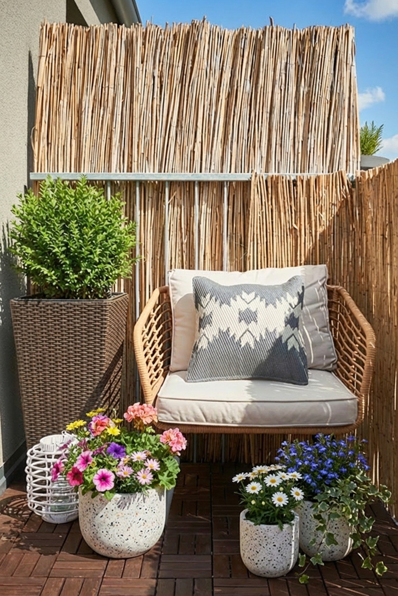 Soukromí snadno vytvoříte pomocí přírodní zástěny z bambusu nebo rákosu, která zároveň dodá prostoru útulnost.