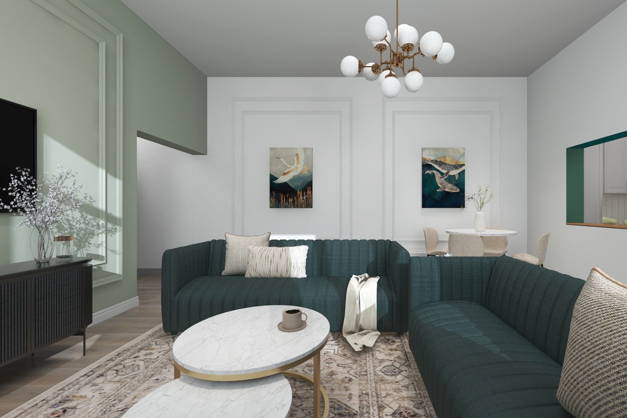 Upečatljiva sofa dizajnirana je kao prirodna žarišna točka cijelog životnog prostora, oko kojeg se odvija svakodnevni život. Paleta boja i raspored namještaja potiču osjećaj otvorenosti i udobnosti.