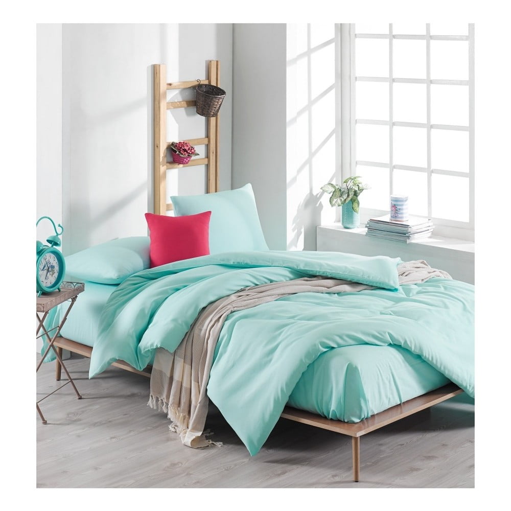 Zelena pamučna posteljina s plahlom boje mentola za bračni krevet 220 x 240 cm