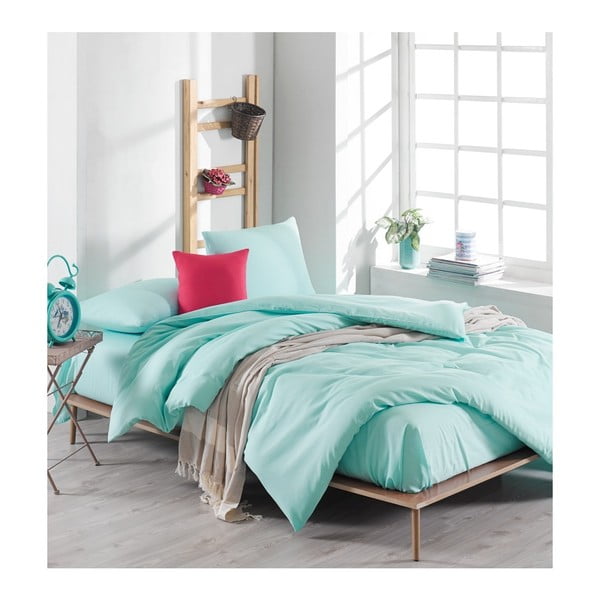 Zelena pamučna posteljina s plahlom boje mentola za bračni krevet 220 x 240 cm