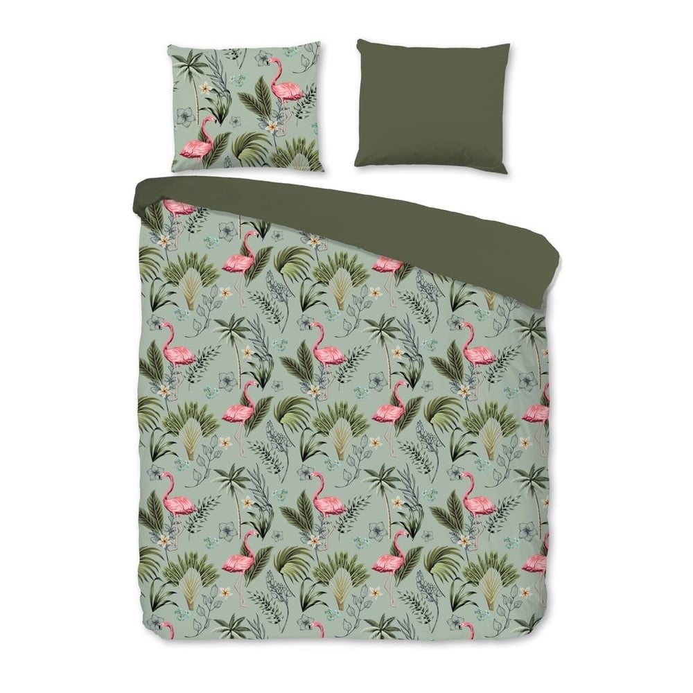 Zelena pamučna posteljina Good Morning Plameňák, 200 x 220 cm