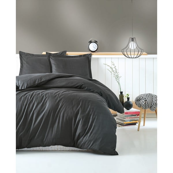 Tamno siva posteljina i plahta za bračni krevet Stripe, 200 x 220 cm