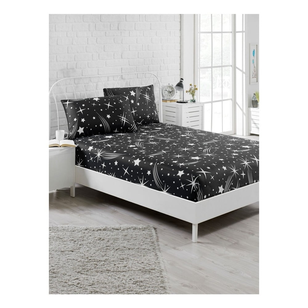 Komplet crnih elastičnih plahti i jastučnice za krevet Starry Night za jednu osobu, 100 x 200 cm