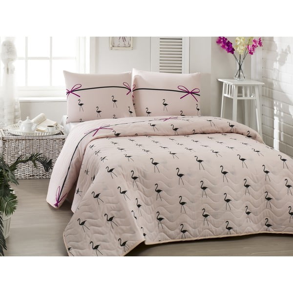 Svjetloružičasti prošivenii prekrivač krevet s jastučnicama Flamingo Powder, 200 x 220 cm